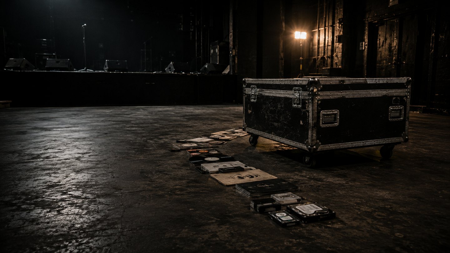 Worn touring road case inside an empty venue with records, tapes and hard drives creating a trail toward the stage.