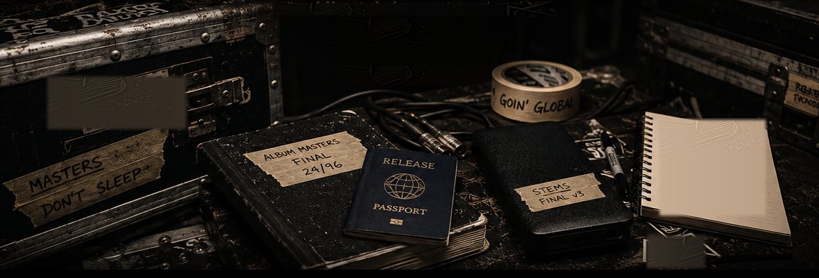 Road cases and release materials arranged around a release passport, audio masters, stems drive, cables and release checklist.