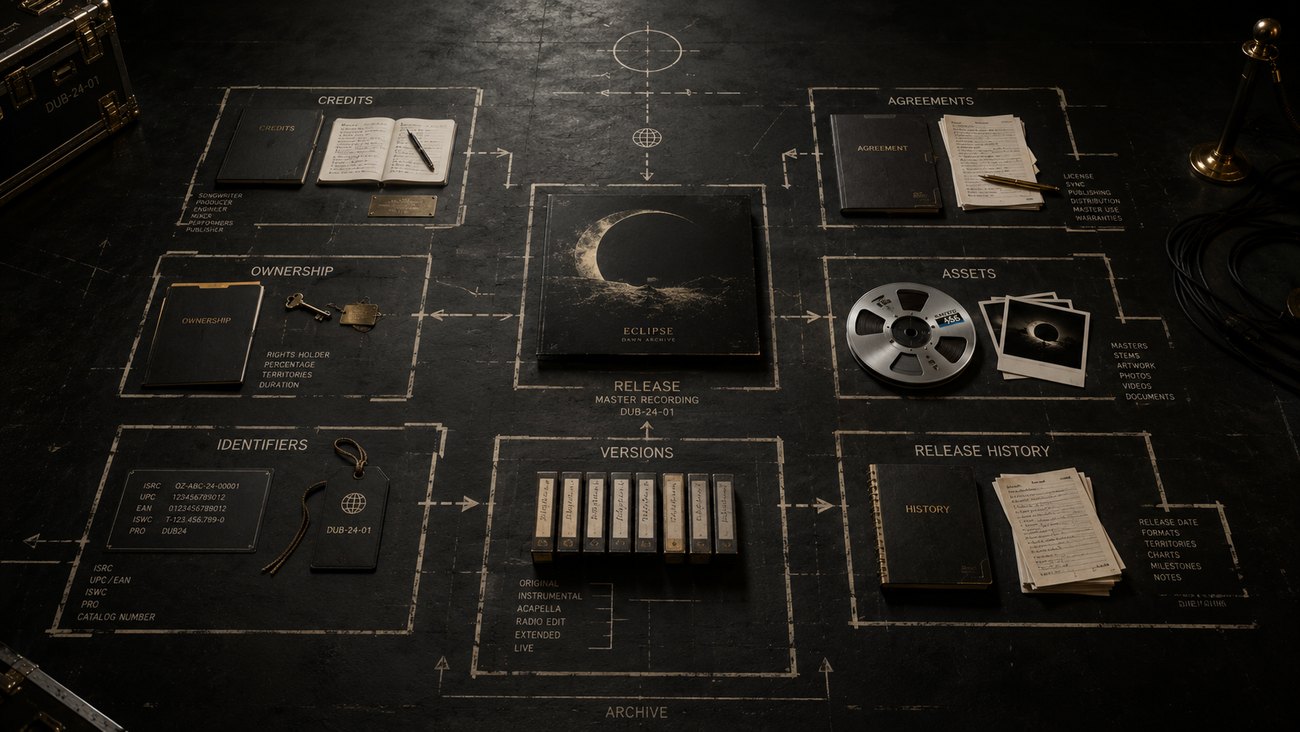 One album release arranged at the centre of a floor blueprint connecting credits, ownership, identifiers, versions, agreements, assets and release history.