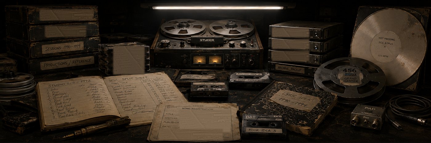 Archive table covered with master tapes, hard drives, test pressings, notebooks and music-rights documents.